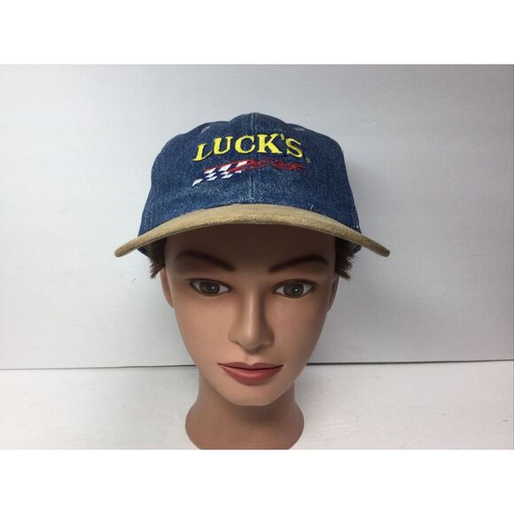 Vintage‎ Lucks Racing Denim Hat Blue Tan Baseball Cap Adjustable Strap Back - Picture 3 of 8